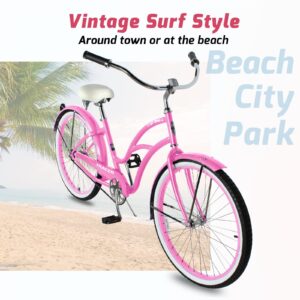 Tracer TAHA Beach Cruiser Bike for Women,26 Inch Wheels,Hi Ten Steel Frame,1 Speed,Coaster Brake,Hybrid Bike for Adults,Complete Cruiser Bikes,Pink