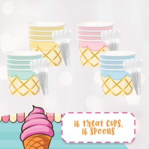 Creative Converting Ice Cream Party Treat Cups Bundle | 4 Colors of Cups & Spoons for 16 Guests | Birthday Party Supplies, Movie Night, School Church Events