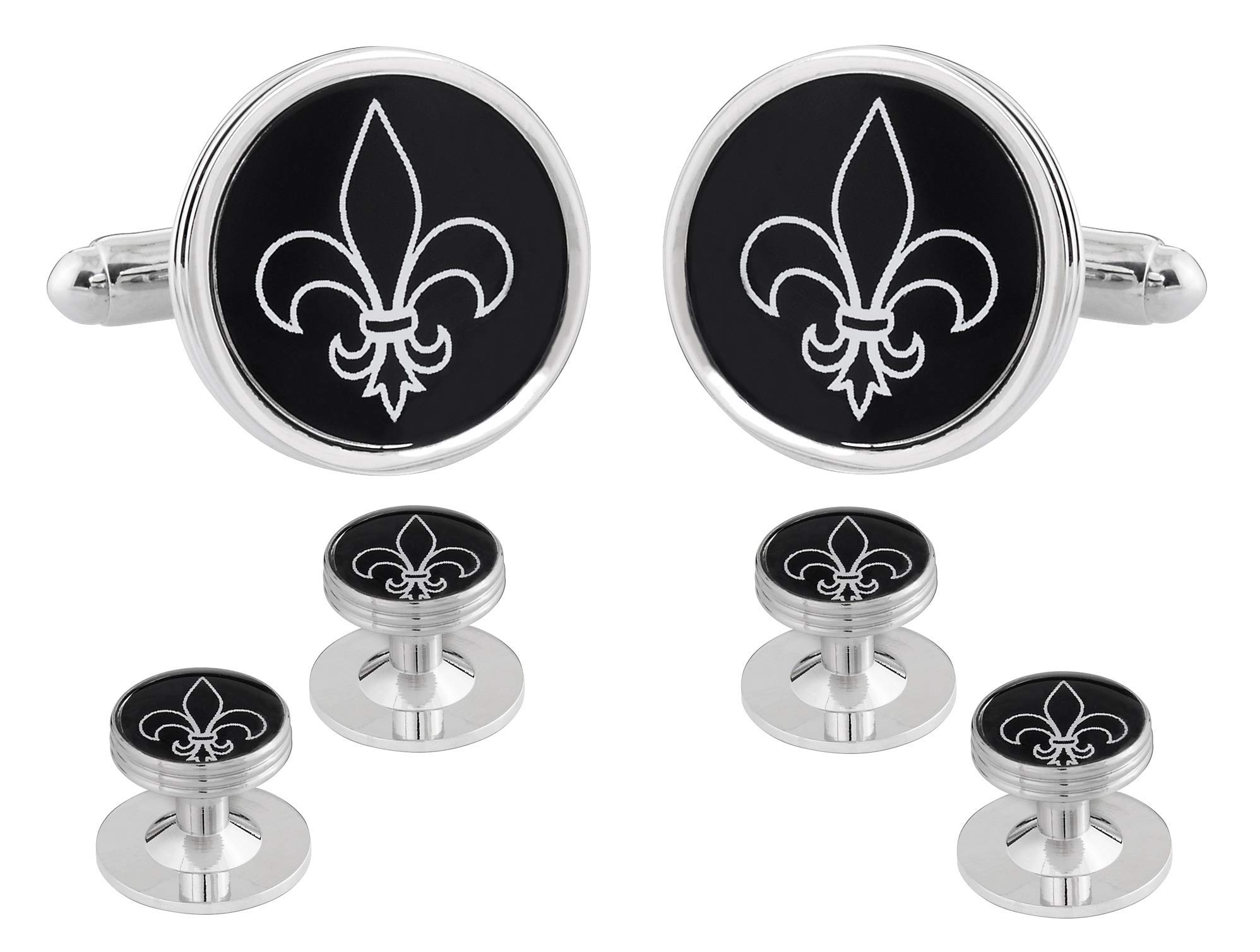 Fleur De Lys Cufflinks and Studs Formal Set Tuxedo in a Presentation Gift Box Black Fleur De Lis Silver Round Wedding