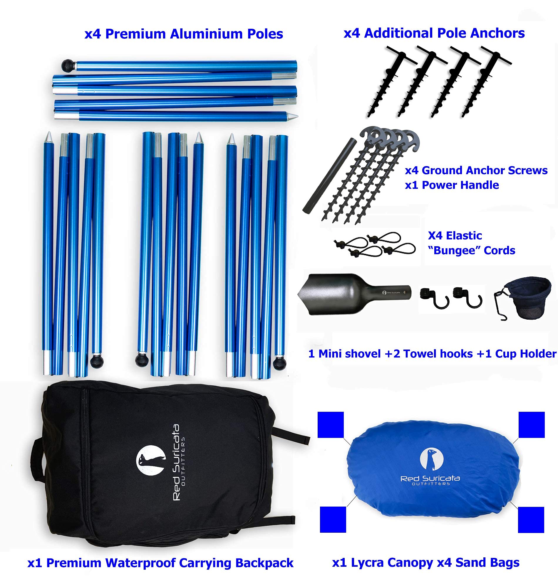 Red Suricata Premium Multi-Terrain Beach Tent & Beach Canopy in Backpack, UPF50 Sun Beach Shade, Pop Up Camping & Picnic Sunshade with 4 Poles, 4 Pole Anchors & 4 Tent Screws, Sun Shelter (Lrg Blue)