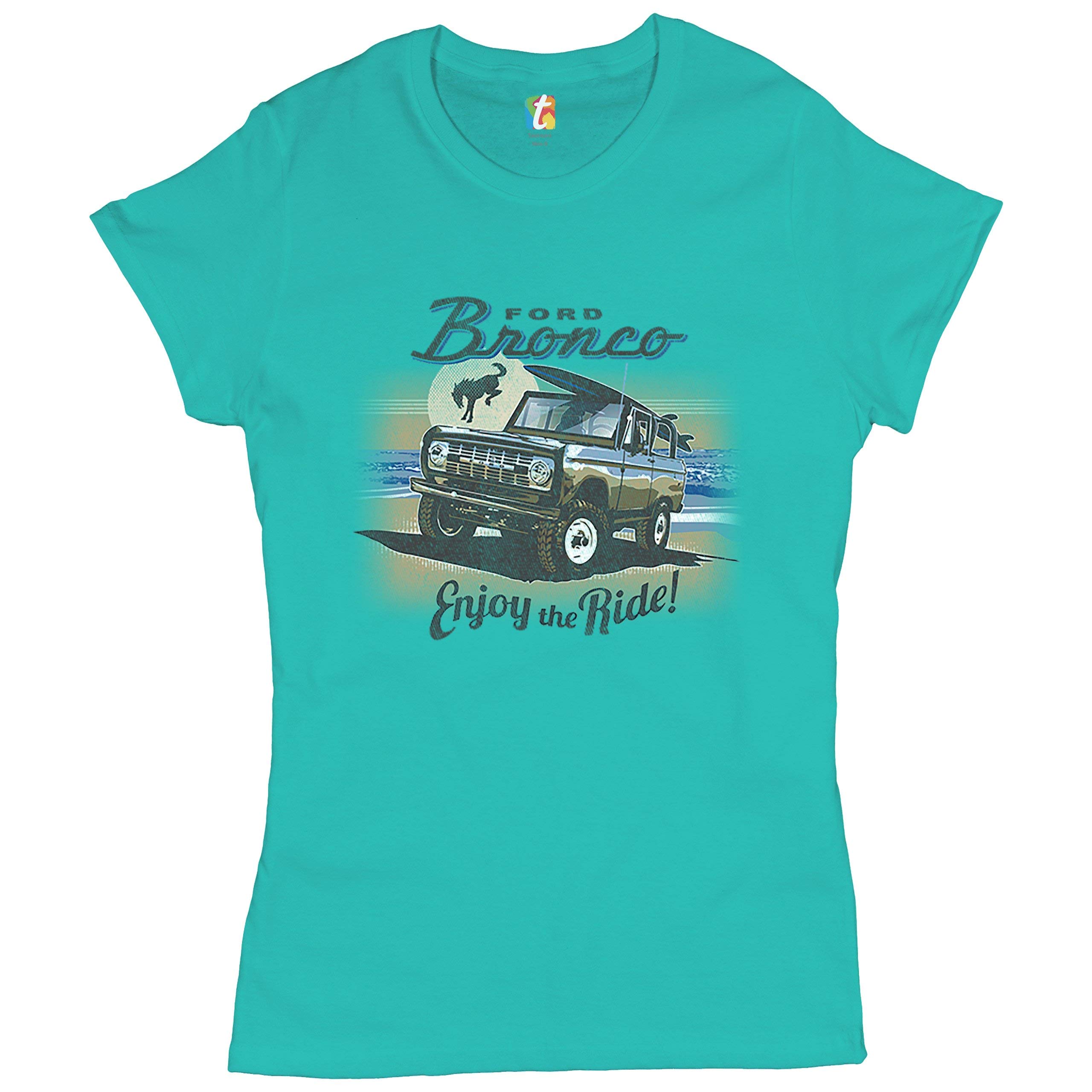 Ford Bronco Women's Novelty T-Shirt Enjoy The Ride Offroad SUV Licensed Tee Light Blue Small