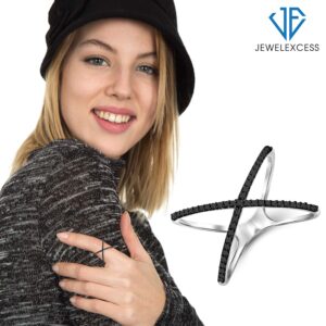 JEWELEXCESS Sterling Silver Criss Cross Ring – 1/7 Carat Black Diamond Ring with .925 Sterling Silver X Ring – Real Diamond Criss Cross Ring with Hypoallergenic Sterling Silver Ring Band