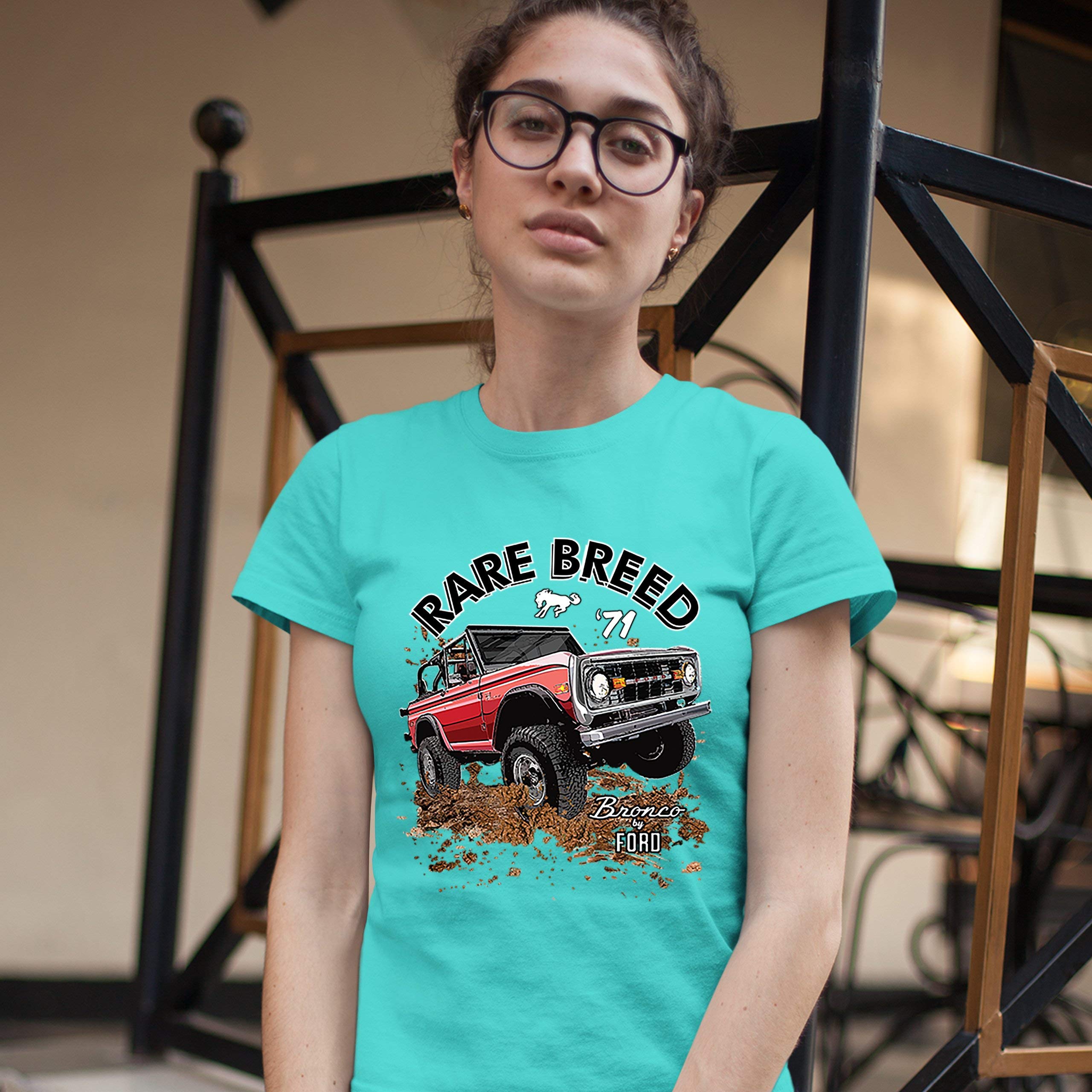 Rare Breed T-Shirt Bronco by Ford Licensed Women's Tee Light Blue Medium