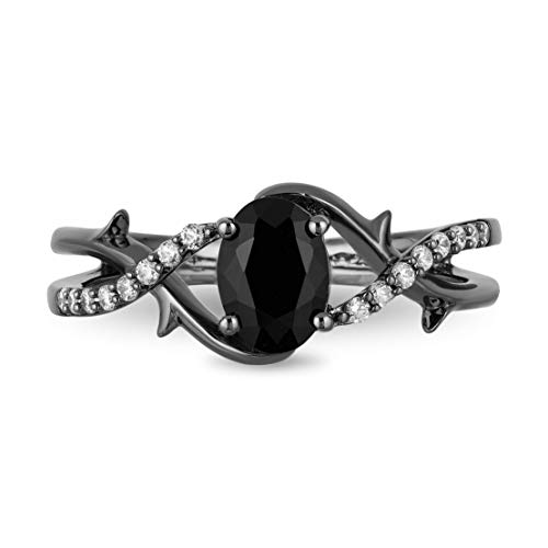 Jewelili Enchanted Disney Fine Jewelry Black Rhodium Over Sterling Silver 7x5MM Oval Black Onyx and 1/10 Cttw Diamonds Maleficent Ring