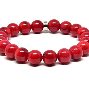 Gehna Natural Red Coral 10mm Round Shape Smooth Beaded 7.5 inch Stretchable Bracelet for Men/Women with Silver Plated Metal Beads.