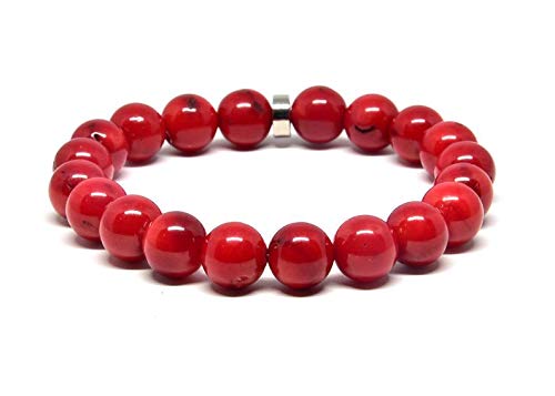 Gehna Natural Red Coral 10mm Round Shape Smooth Beaded 7.5 inch Stretchable Bracelet for Men/Women with Silver Plated Metal Beads.