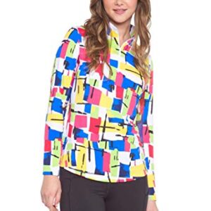 IBKUL Women’s Sun Protective UPF50+ Icefil tech Mondrian Print Long Sleeve Mock Neck Top - 10854 Multi Mondrian M