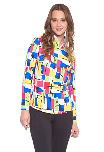 IBKUL Women’s Sun Protective UPF50+ Icefil tech Mondrian Print Long Sleeve Mock Neck Top - 10854 Multi Mondrian M