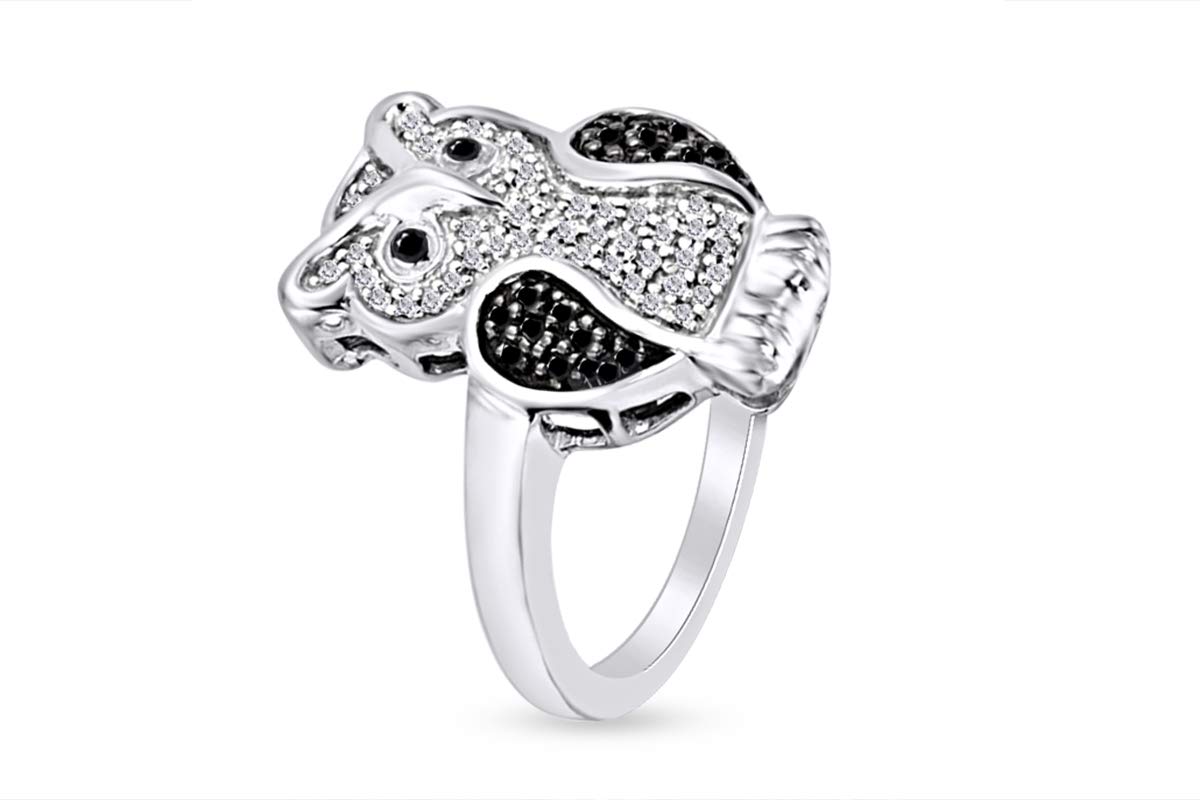 AFFY 1/4 Carat Round Cut Black And White Natural Diamond Owl Ring In 14K White Gold Over Sterling Silver (0.25 Cttw, I2-I3 Clarity) Ring Size-11