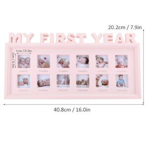 Agatige My First Year Baby Picture Frame, 12 Months Photo Frame Pink Memorable Photographs Albums Monthly Milestone for Newborn Baby Girls, Gift for Mom to Be