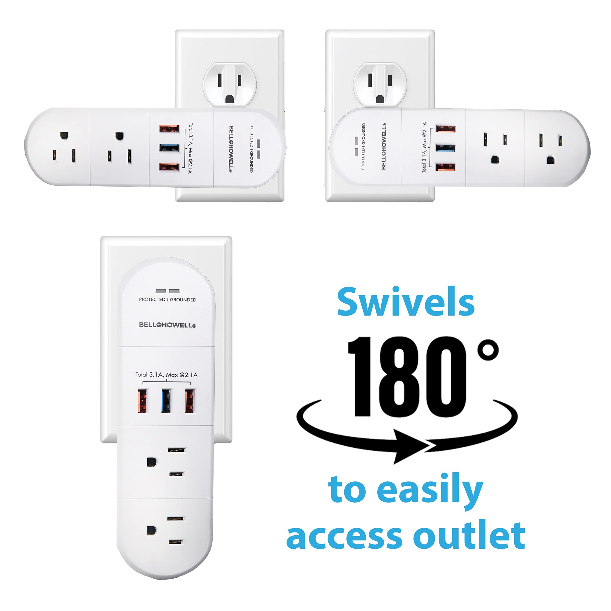 Swivel Power by Bell+Howell Power Strip w/Surge Protection Rapid, Swiveling Charging Station USB outlet Extender – with 6 Electrical, 3 USB Port, 125VAC / 60Hz / 10A / 1250WMax, UL STD 498A