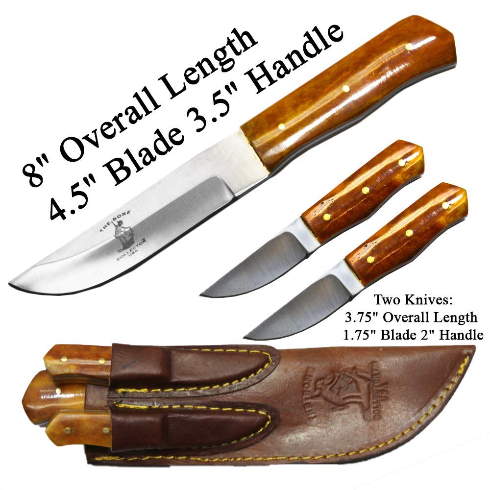 8" Bone Collector Bovine Yellow Bone 3 PCS Hunting Knife with Leather Sheath (Yellow Bone)