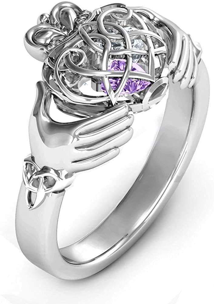 YUOTO Claddagh Rings For Women,Birthstone Rings Sterling Silver Personalized Name,Caged Locket Heart Irish Rings Engraved Bands With Names For Teen Girls Women Love Wedding