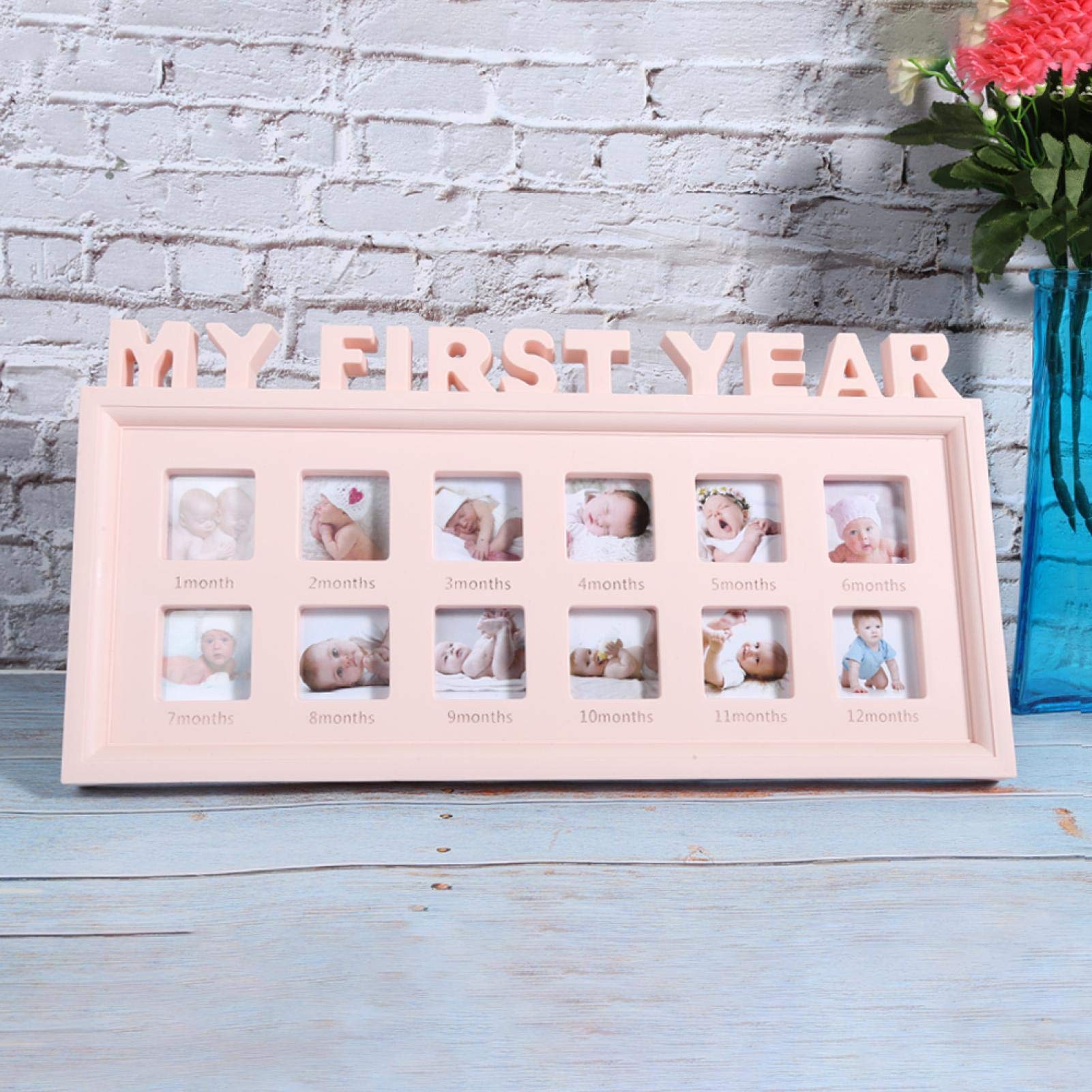 Agatige My First Year Baby Picture Frame, 12 Months Photo Frame Pink Memorable Photographs Albums Monthly Milestone for Newborn Baby Girls, Gift for Mom to Be