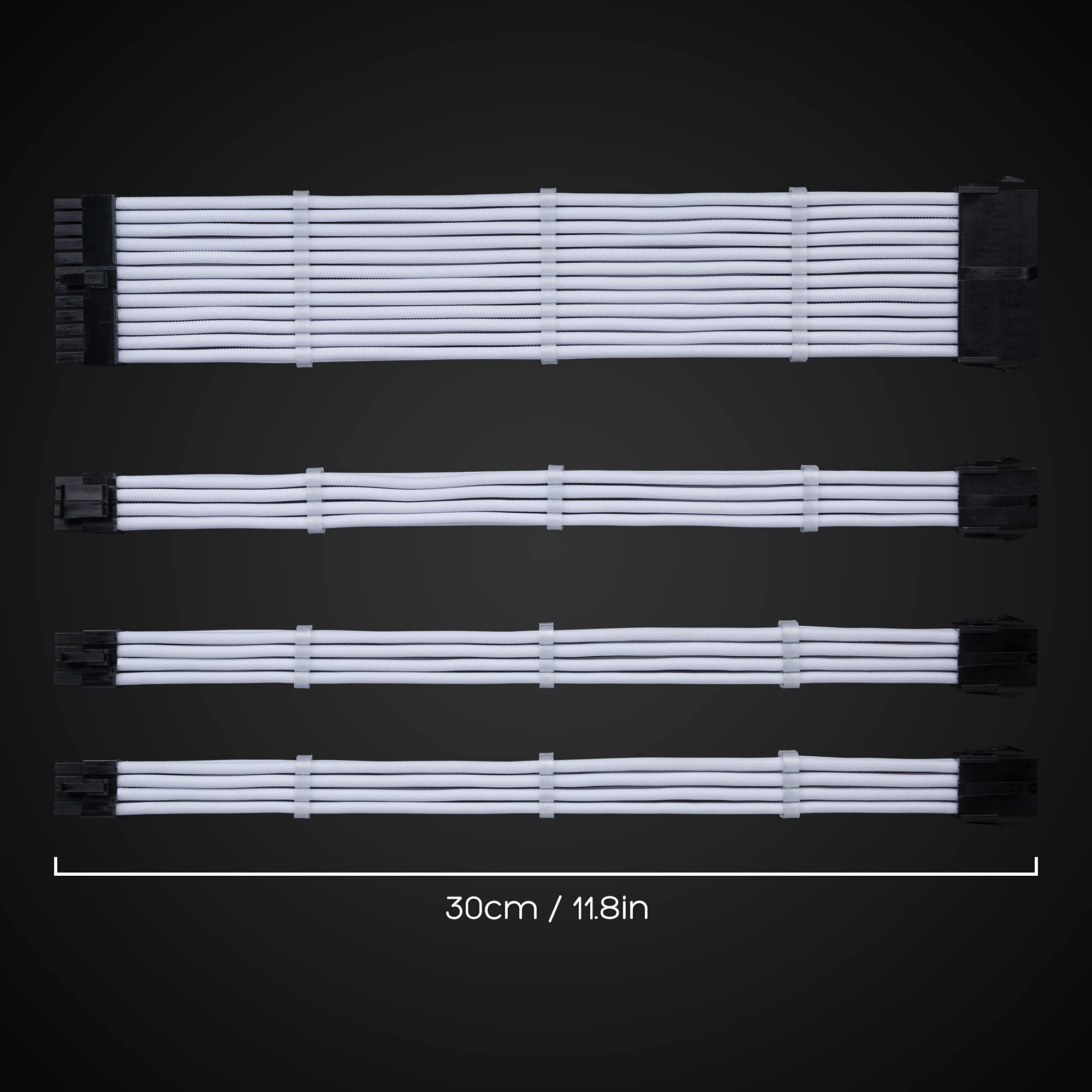 TECWARE Flex Power Supply Sleeved Cable, 16 AWG PSU Extension Cable Kit of White Connector, 1x24Pin/1x4+4 EPS/2x6+2 PCI-E, 30cm Length with Combs (Black/Gray)