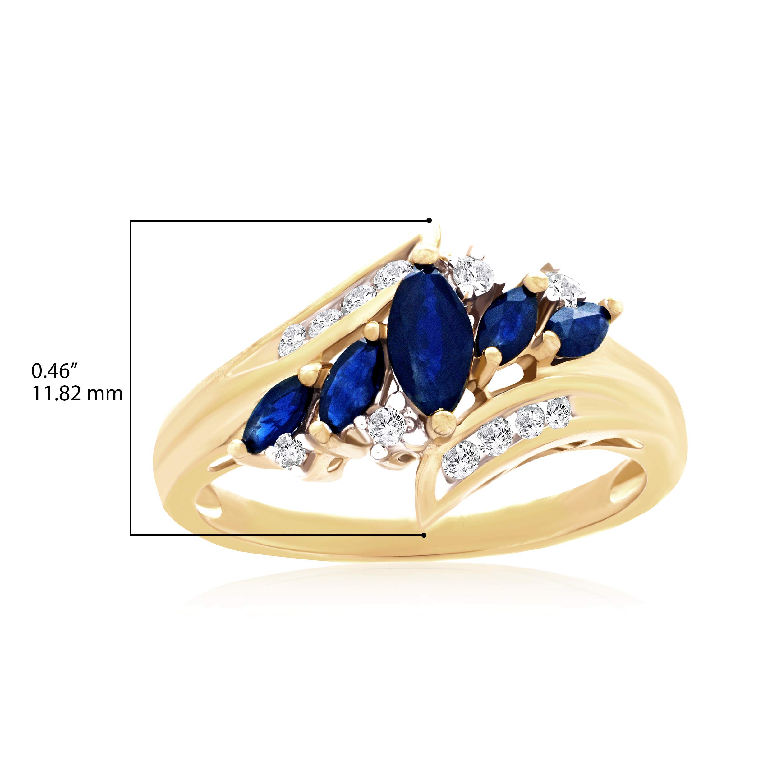 Lexi and Rose 14K Yellow Gold, Marquise Cut Blue Sapphire & 1/10 Cttw Diamonds Channel Set Bypass Engagement Ring (I-J Color, I2-I3 Clarity) - Size 7