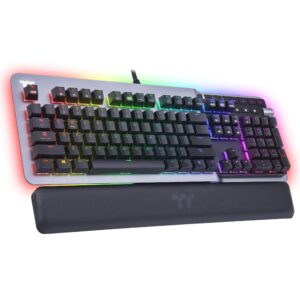 thermaltake argent k5 rgb gaming keyboard (silver switch), aluminum and streamlined titanium design, 16.8 million rgb color, anti-ghosting, magnetic synthetic leather wrist rest, gkb-kb5-sssrus-01