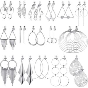 16 Pairs Clip on Earrings Jewelry Set Clip on Bohemian Earrings Clip on Hoop Dangle Drop Earrings Tassel Statement Clip-on Earrings Non Piercing Earrings for Women (Silver)