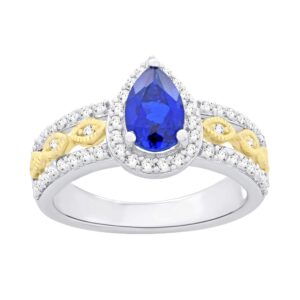 lexi and rose 10k yellow gold plated .925 sterling silver & pear cut lab-grown blue sapphire & lab-grown white sapphire halo milgrain engagement ring - size 7