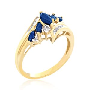 Lexi and Rose 14K Yellow Gold, Marquise Cut Blue Sapphire & 1/10 Cttw Diamonds Channel Set Bypass Engagement Ring (I-J Color, I2-I3 Clarity) - Size 7