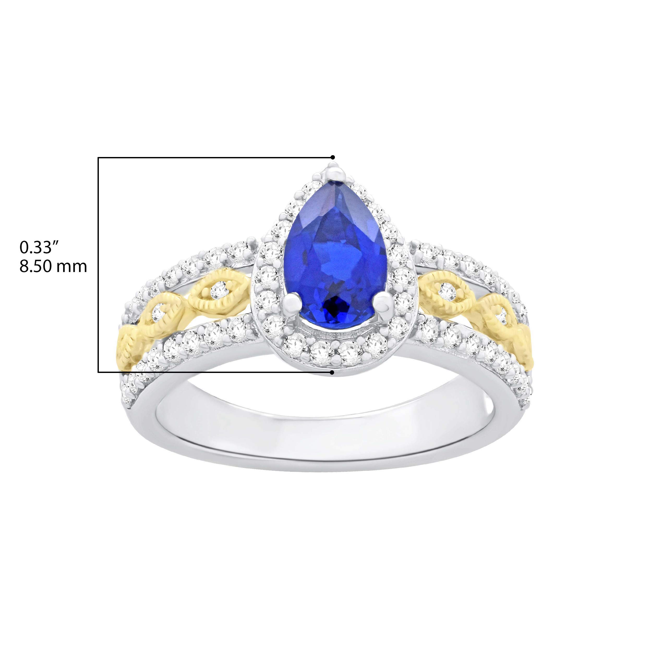 Lexi and Rose 10K Yellow Gold Plated .925 Sterling Silver & Pear Cut Lab-Grown Blue Sapphire & Lab-Grown White Sapphire Halo Milgrain Engagement Ring - Size 7