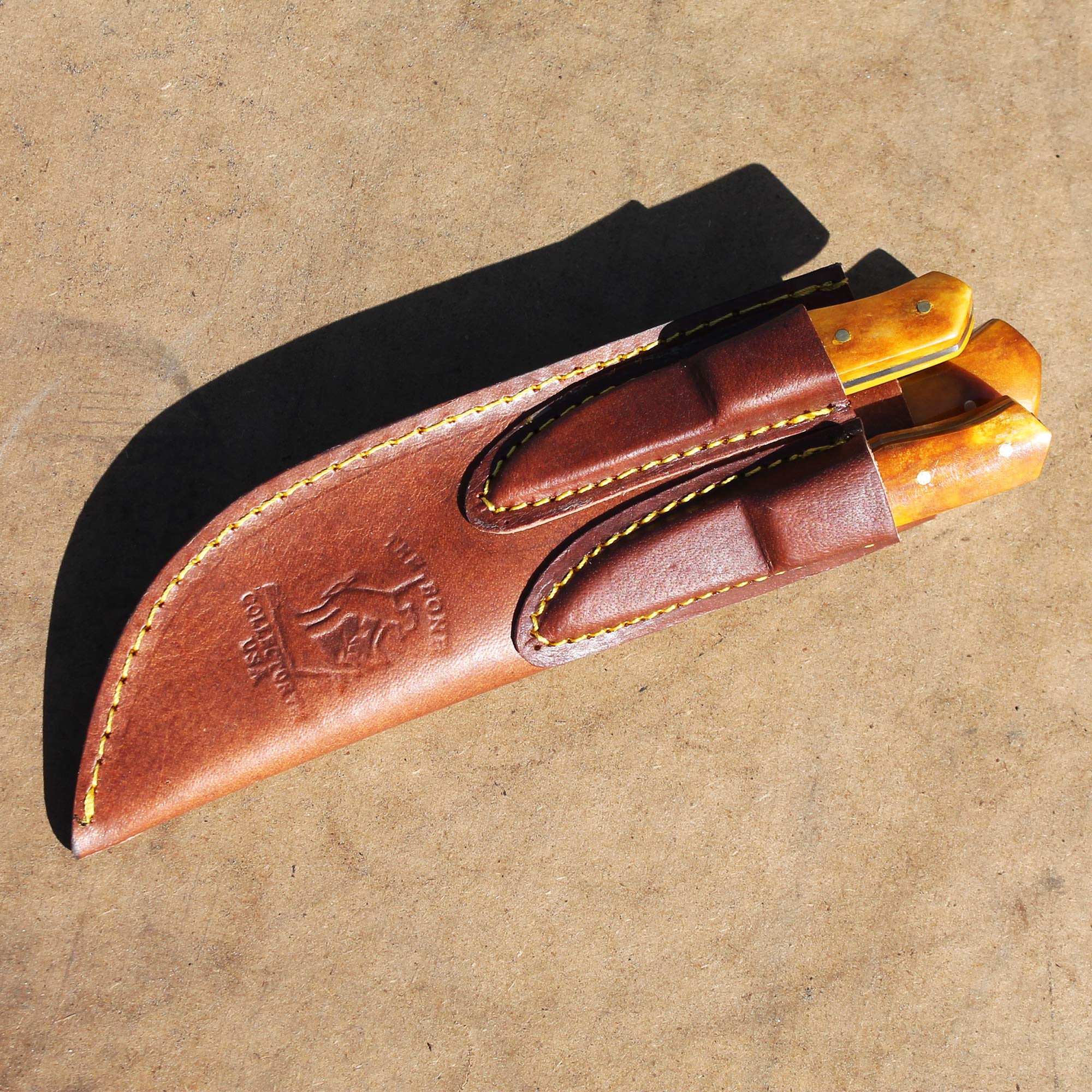 8" Bone Collector Bovine Yellow Bone 3 PCS Hunting Knife with Leather Sheath (Yellow Bone)