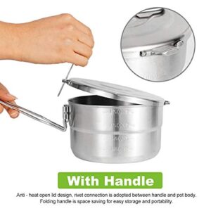 Denpetec Stainless Steel Camping Cook Pot with Lid and Folding Handle Camping Cookware 1.5L Large Capacity Bento Pot for Camping, Hiking, Picnic