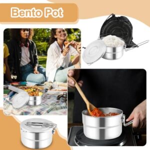 Denpetec Stainless Steel Camping Cook Pot with Lid and Folding Handle Camping Cookware 1.5L Large Capacity Bento Pot for Camping, Hiking, Picnic