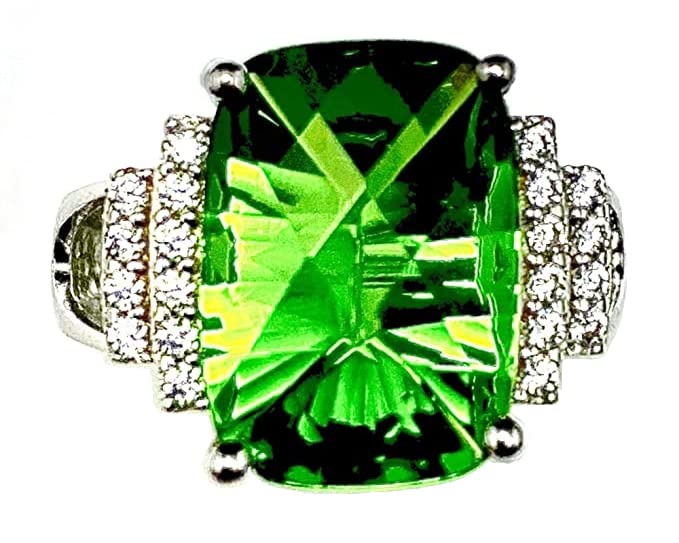 R4933G Cushion Cut 10x14mm 5.5Ct Forest Green Helenite Sterling Silver Modern Ring (green, 8)