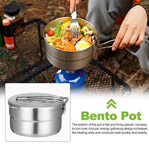 Denpetec Stainless Steel Camping Cook Pot with Lid and Folding Handle Camping Cookware 1.5L Large Capacity Bento Pot for Camping, Hiking, Picnic