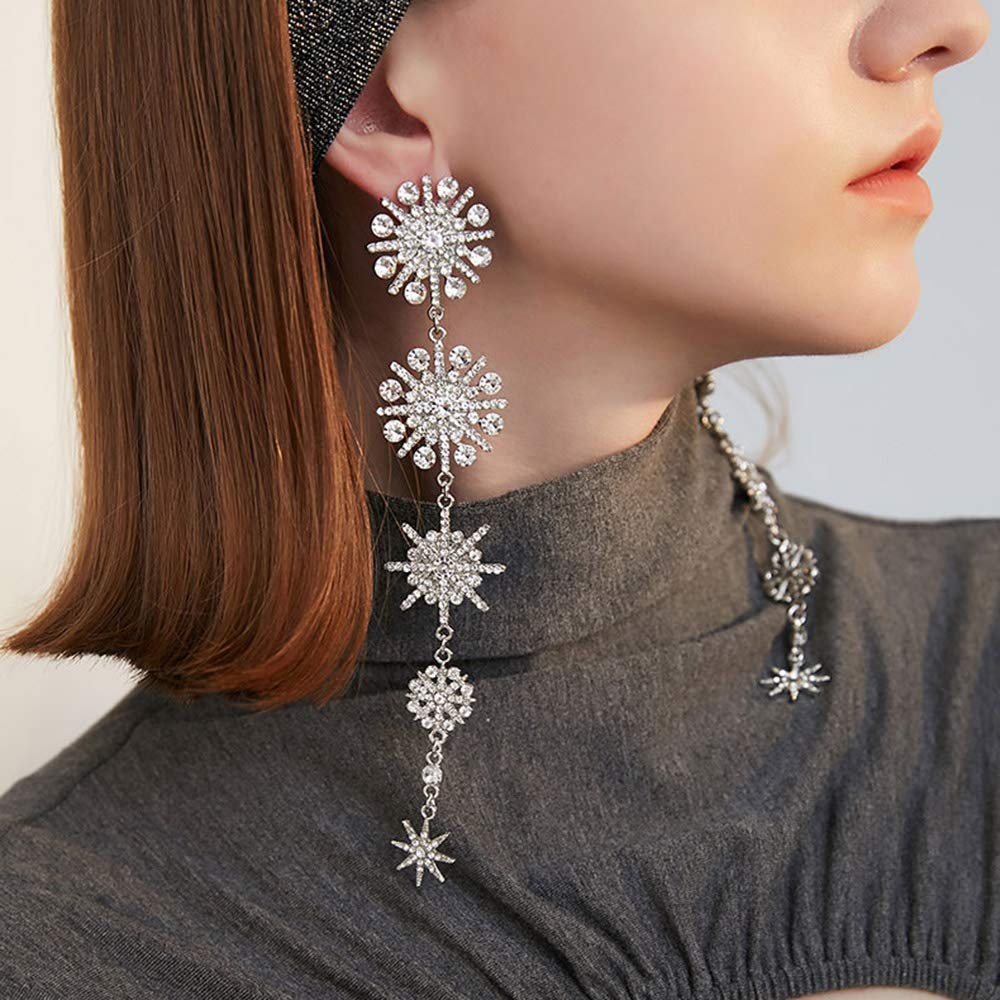 Xerling Snowflake Starburst Rhinestones Dangle Drop Earrings Long Tassel Earrings Bling Glitter Stud Earrings