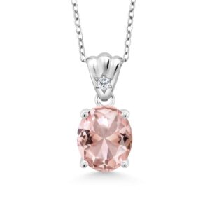 Gem Stone King 925 Sterling Silver Peach Simulated Morganite and White Topaz Pendant Necklace For Women (3.92 Cttw, Oval 11X9MM with 18 Inch Silver Chain)