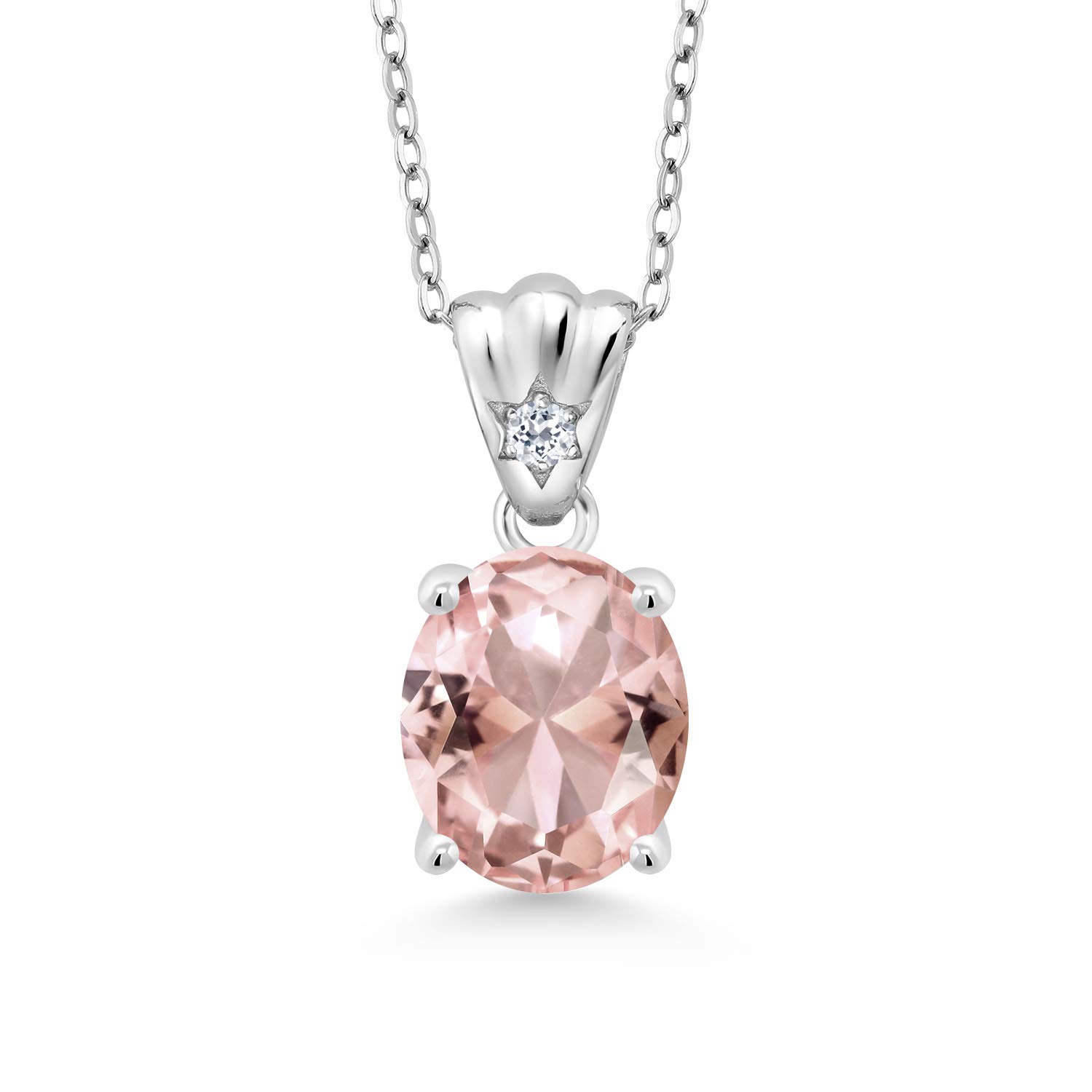 Gem Stone King 925 Sterling Silver Peach Simulated Morganite and White Topaz Pendant Necklace For Women (3.92 Cttw, Oval 11X9MM with 18 Inch Silver Chain)