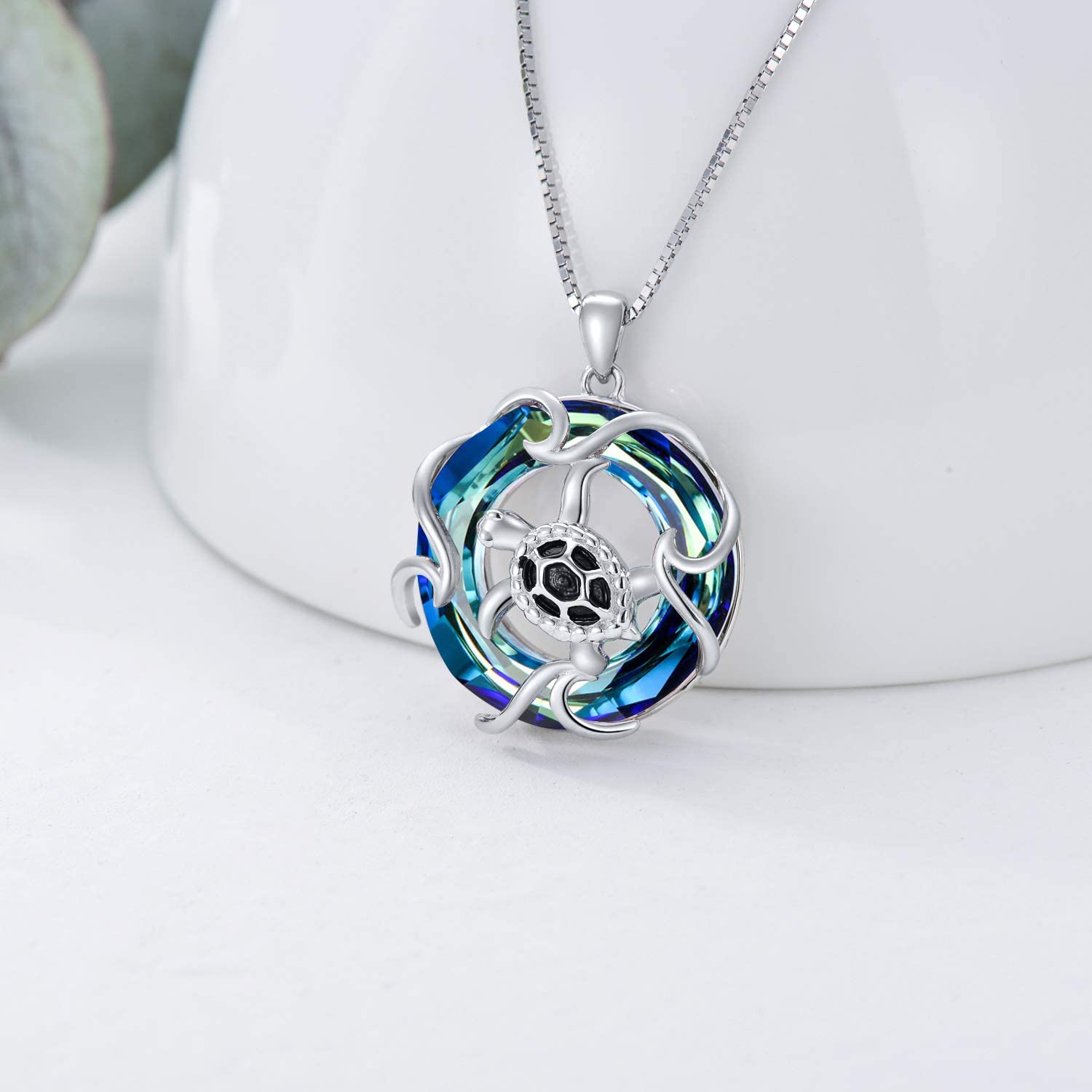 TOUPOP Ocean Wave and Cute Sea Turtle Necklace for Women 925 Sterling Silver Necklace Pendant Jewelry with CrystalGifts for Turtle Lovers Girls Mother 0.79 * 0.79 inches silver