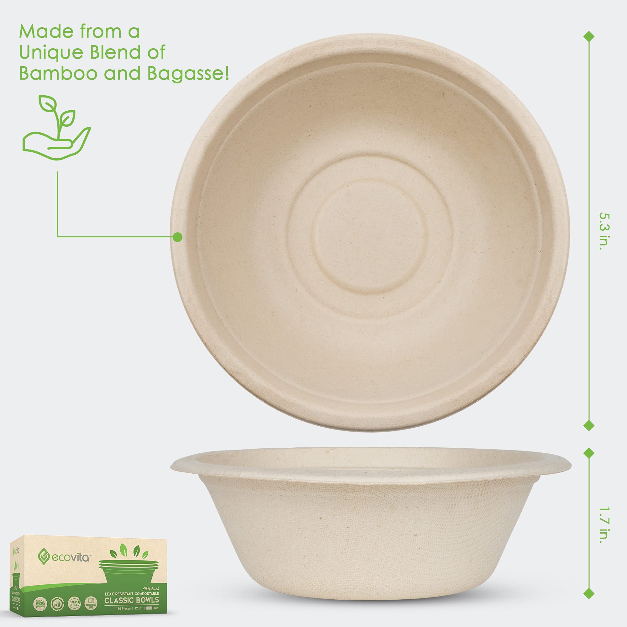 Ecovita 100% Compostable Paper Bowls [12 oz.] – 150 Disposable Bowls Eco Friendly Sturdy Tree Free Liquid and Heat Resistant Alternative to Plastic or Paper Bowls