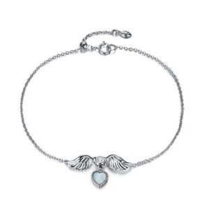 ever faith 925 sterling silver dainty opal heart charm bracelet adjustable angel wings chain jewelry for women