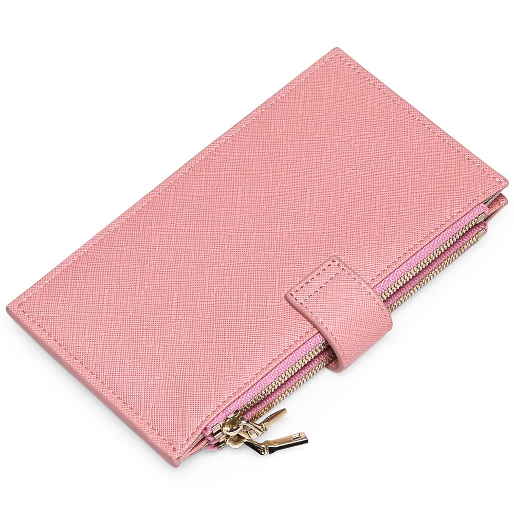 GOIACII Womens Wallet Rfid Blocking Bifold Credit Card Holder with 2 Zipper Pockets Pink Sakura