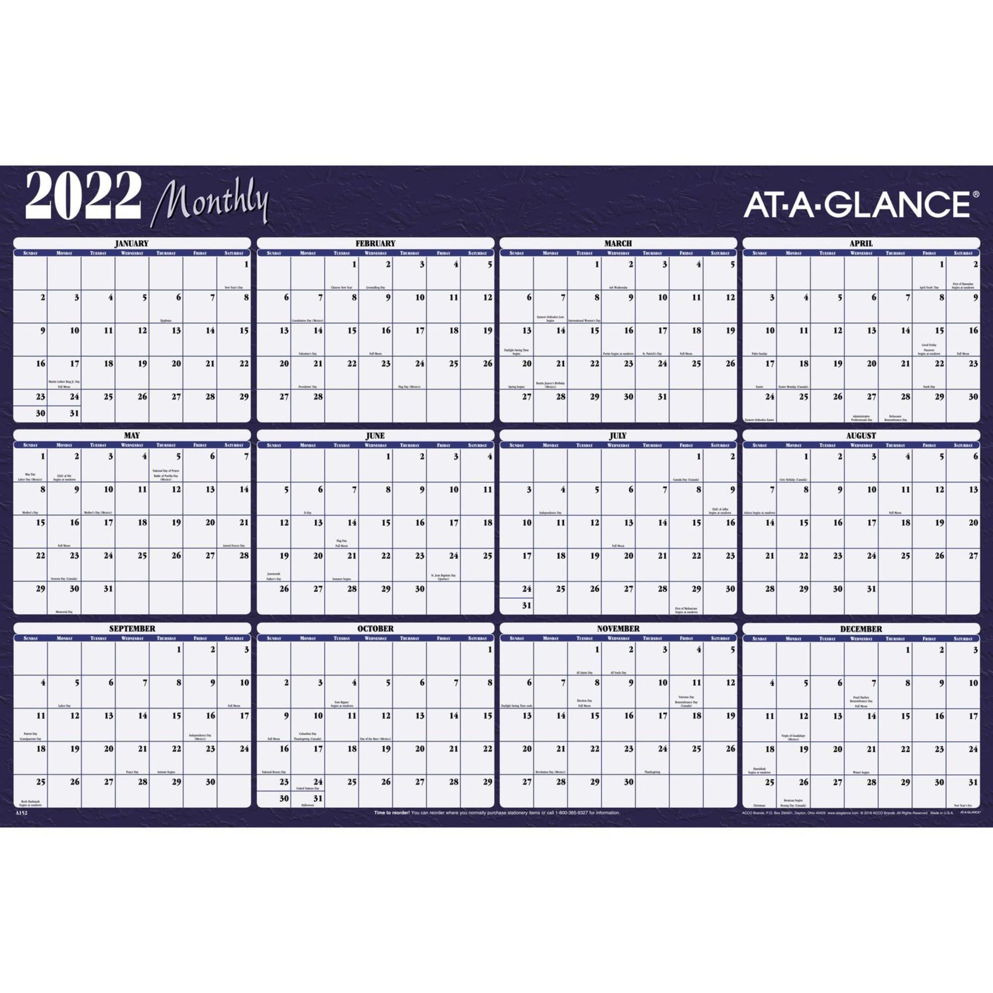 2022 Erasable Calendar, Dry Erase Wall Planner by AT-A-GLANCE, 48" x 32", Jumbo, Horizontal, Reversible, Red (A152)