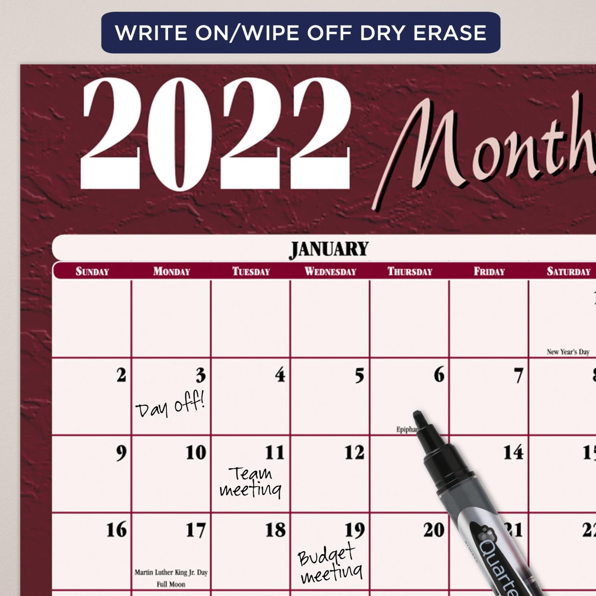 2022 Erasable Calendar, Dry Erase Wall Planner by AT-A-GLANCE, 48" x 32", Jumbo, Horizontal, Reversible, Red (A152)