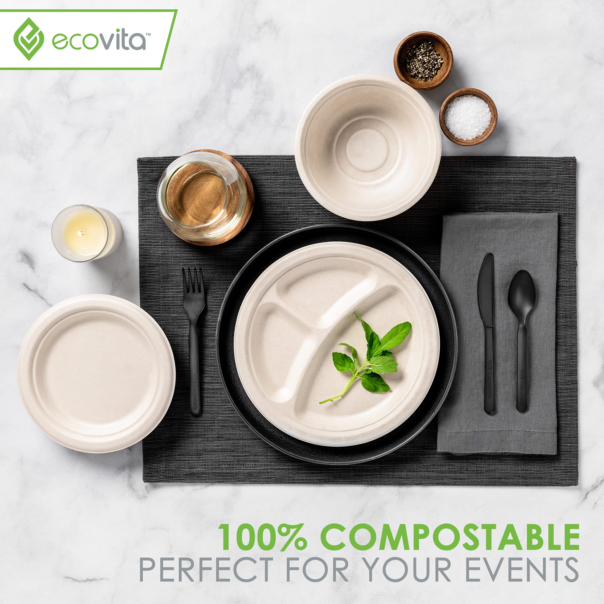 Ecovita 100% Compostable Paper Bowls [16 oz.] – 150 Disposable Bowls Eco Friendly Sturdy Tree Free Liquid and Heat Resistant Alternative to Plastic or Paper Bowls