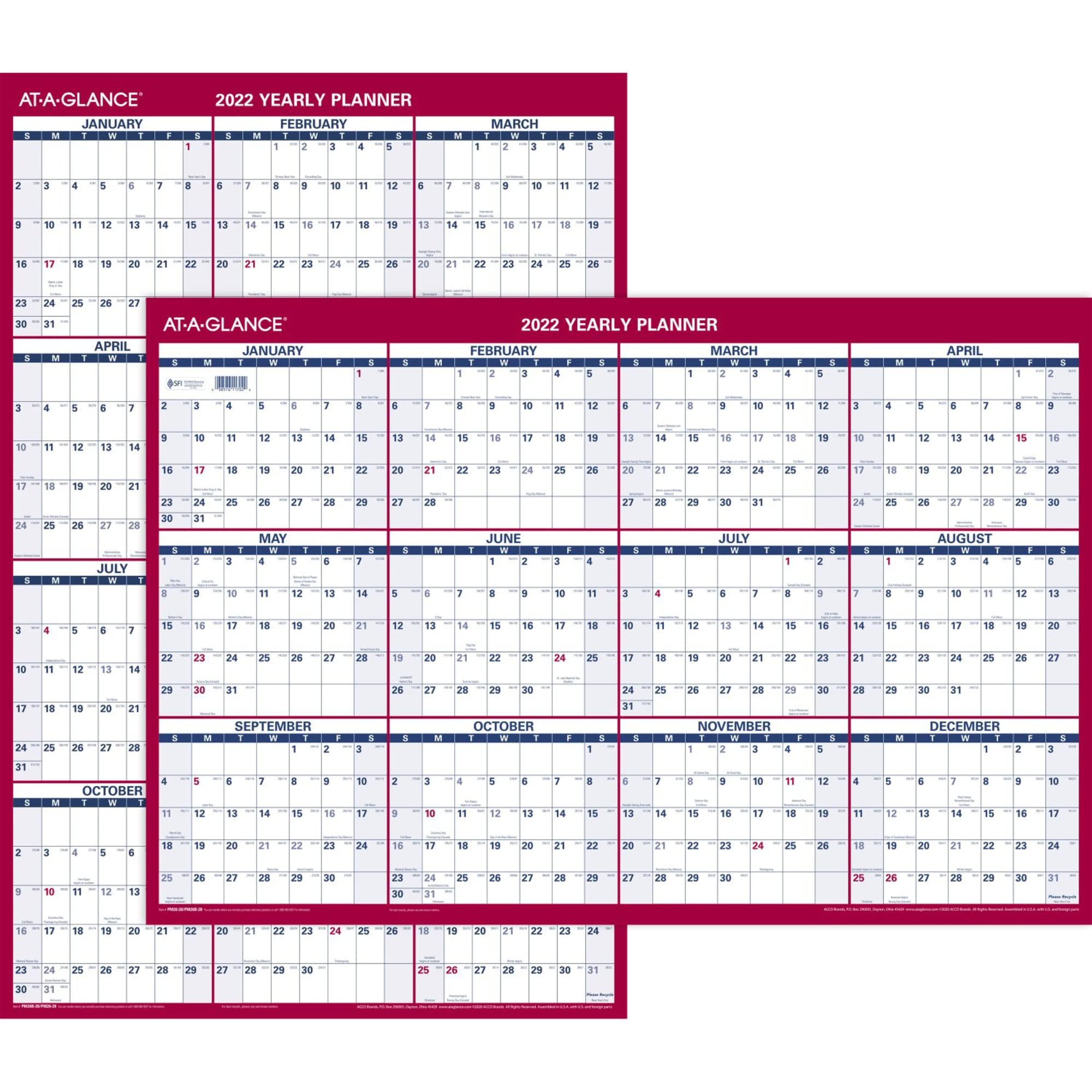 2022 Erasable Calendar, Dry Erase Wall Planner by AT-A-GLANCE, 36" x 24", Large, Vertical/Horizontal, Reversible, Includes Marker (PM2628)