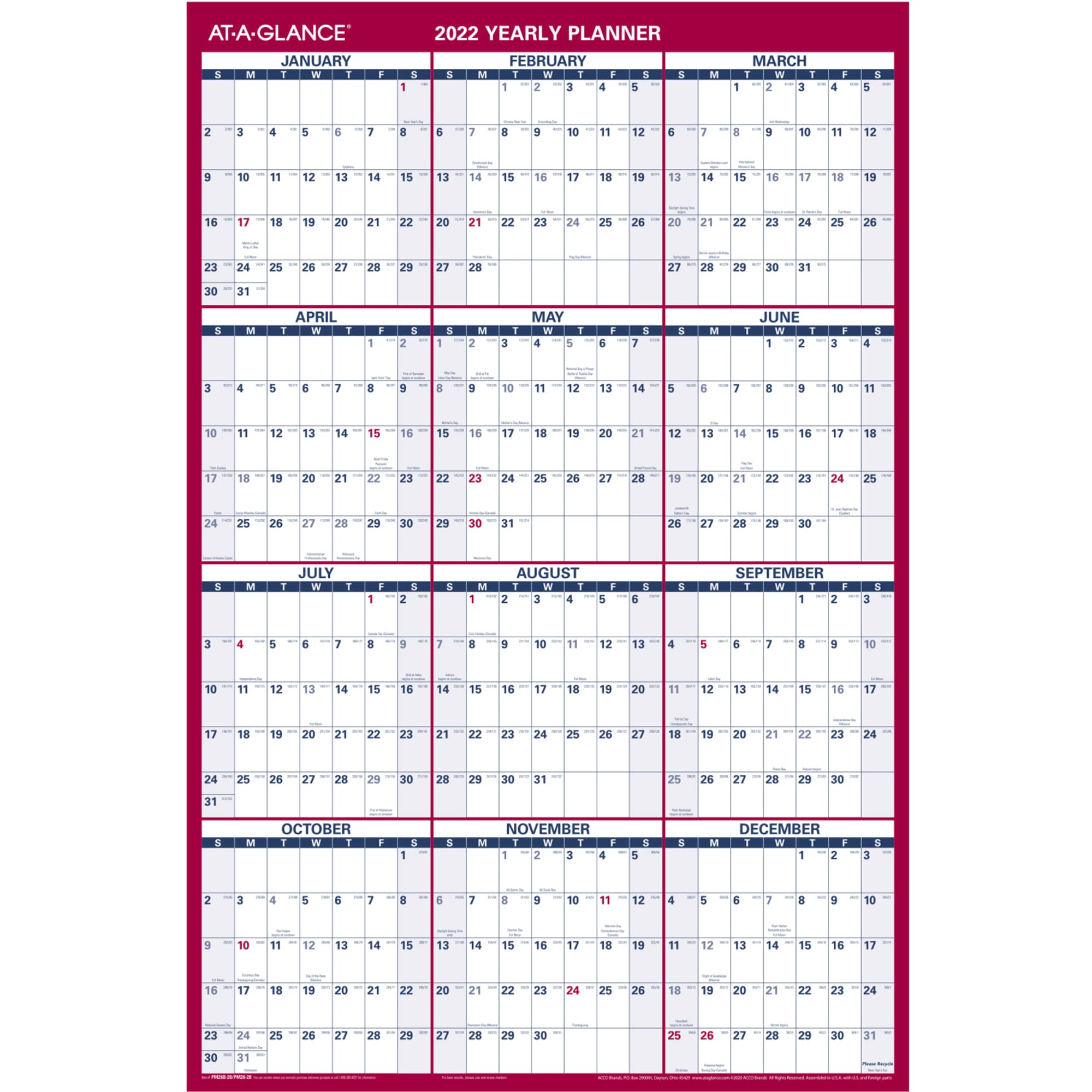 2022 Erasable Calendar, Dry Erase Wall Planner by AT-A-GLANCE, 36" x 24", Large, Vertical/Horizontal, Reversible, Includes Marker (PM2628)