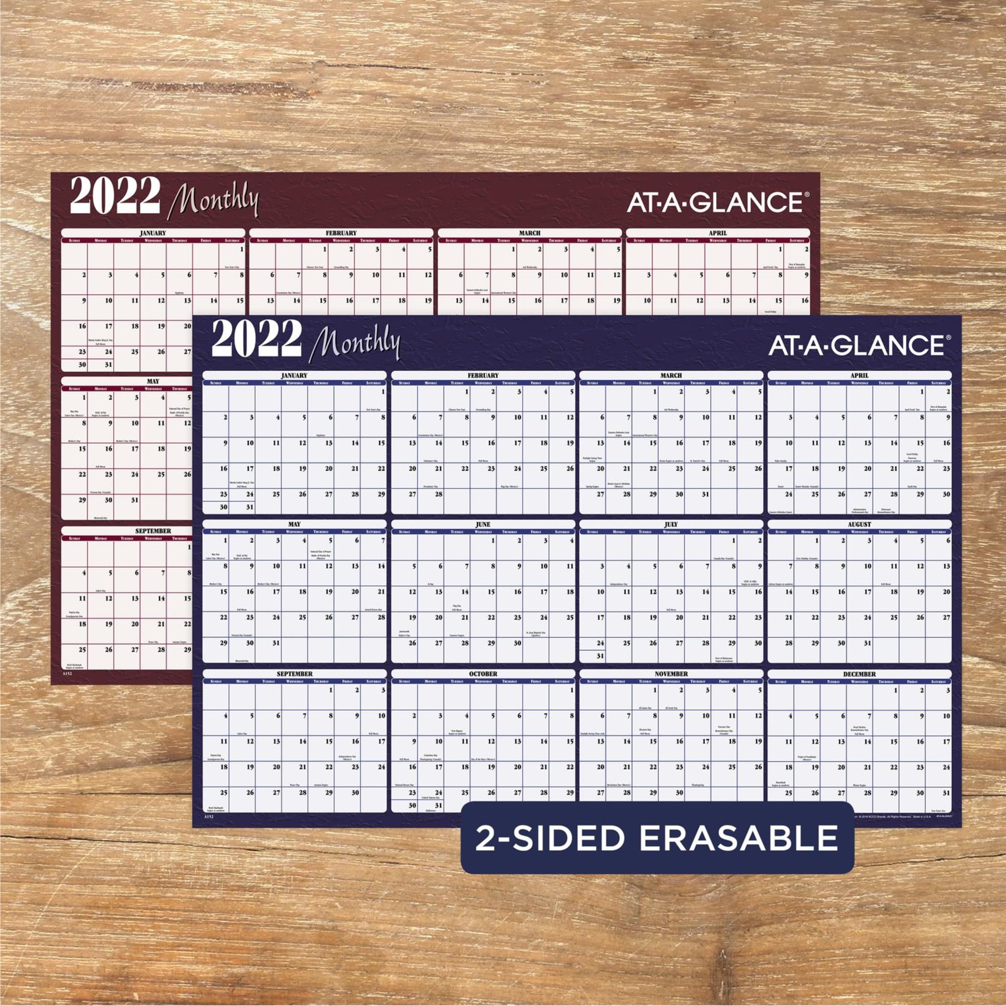 2022 Erasable Calendar, Dry Erase Wall Planner by AT-A-GLANCE, 48" x 32", Jumbo, Horizontal, Reversible, Red (A152)