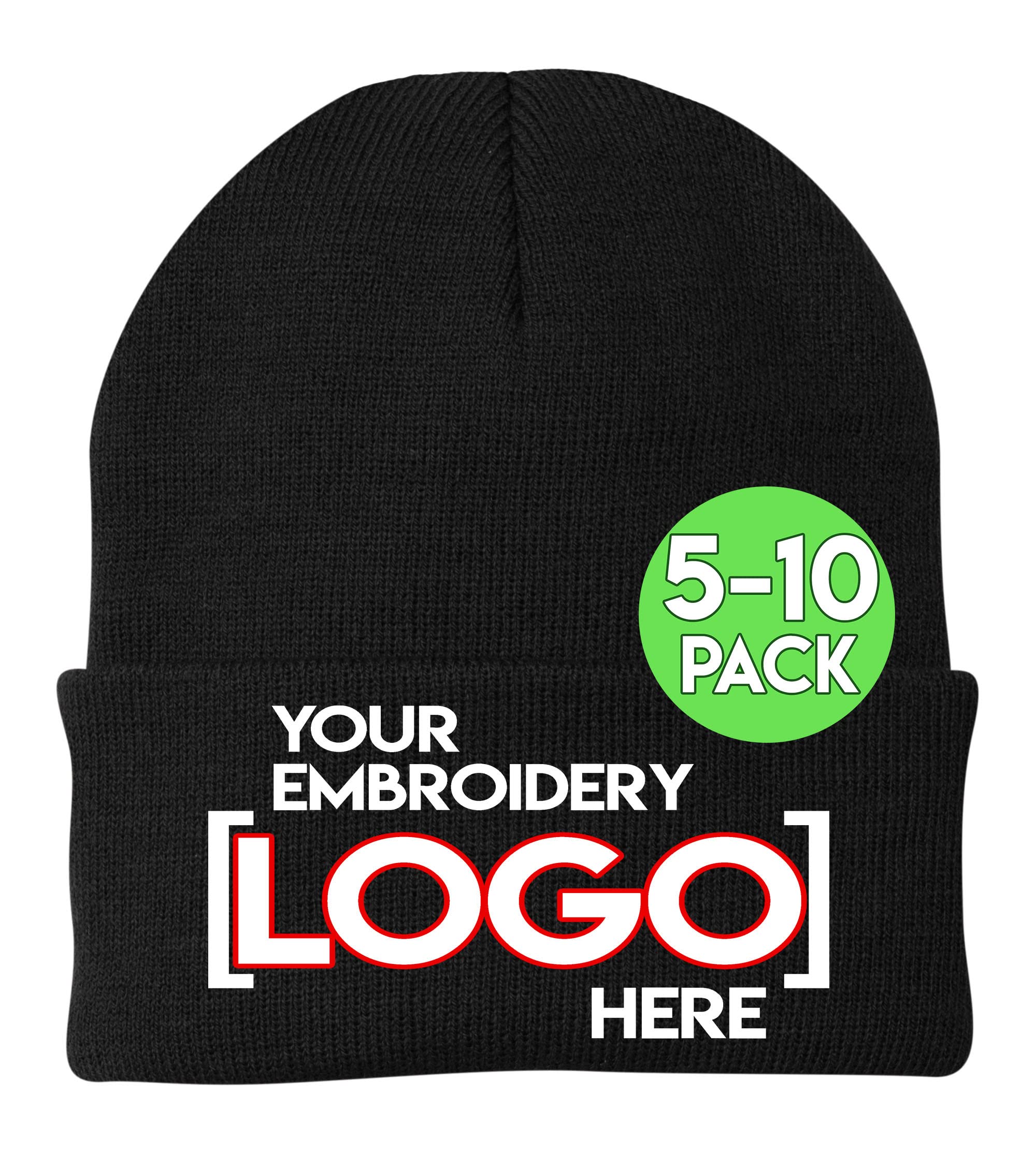 Custom Logo Beanies, 5 or 10 Pack - Add Your Embroidered Design - Personalized Winter Knit Cap Hats for Business Black