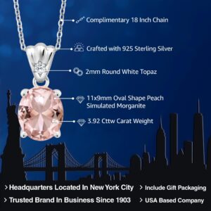 Gem Stone King 925 Sterling Silver Peach Simulated Morganite and White Topaz Pendant Necklace For Women (3.92 Cttw, Oval 11X9MM with 18 Inch Silver Chain)