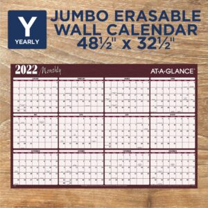 2022 Erasable Calendar, Dry Erase Wall Planner by AT-A-GLANCE, 48" x 32", Jumbo, Horizontal, Reversible, Red (A152)