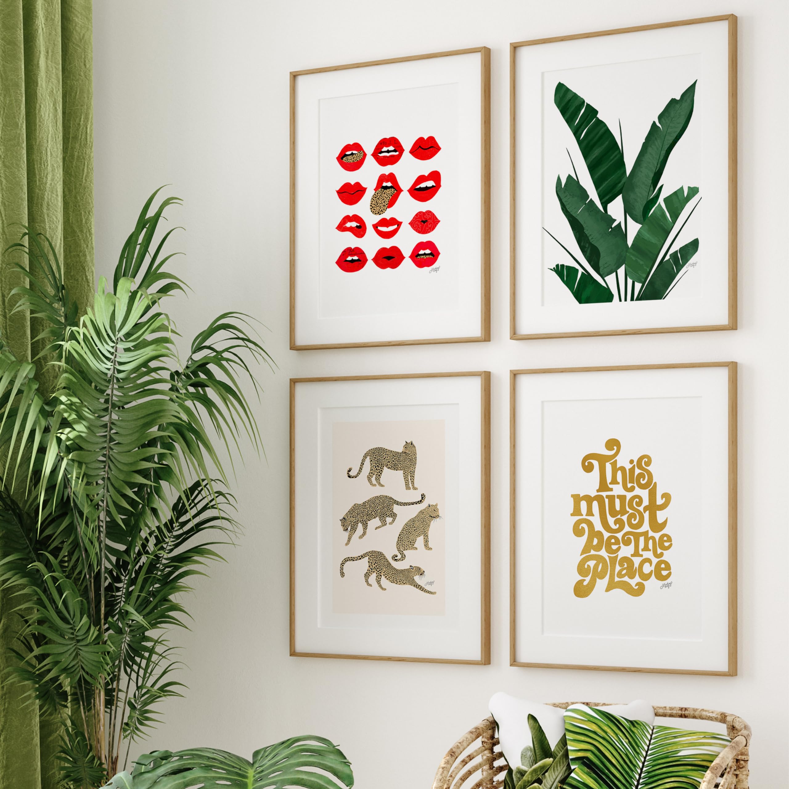 Creative Collage Set of 4 | Leopard | Plant | This Must Be the Place | Lips | Wall Art | Poster | Art Print | Dorm Room Decor | Poster | Made in USA | Gallery Grade | Unframed (8x10)