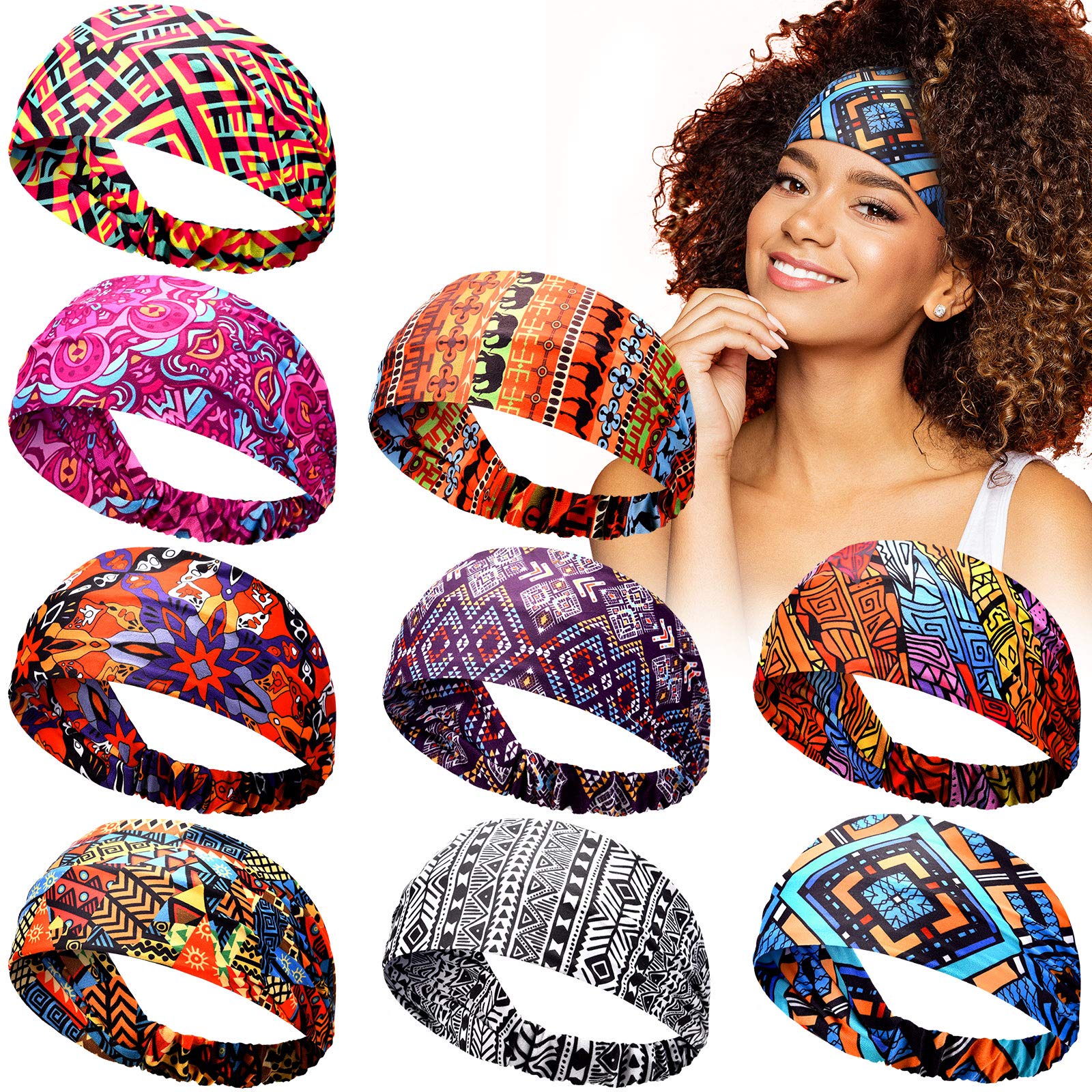 WILLBOND 9 Pieces African Headbands Stretchy Boho Print Hairband Yoga Running Sports Workout Head Grip Band Elastic Turban for Women Girls Hair Accessories (Chic Pattern)