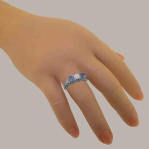 925 Sterling Silver ring with Natural Opal and Sapphire Womens Anniversary ring - Size 11.25