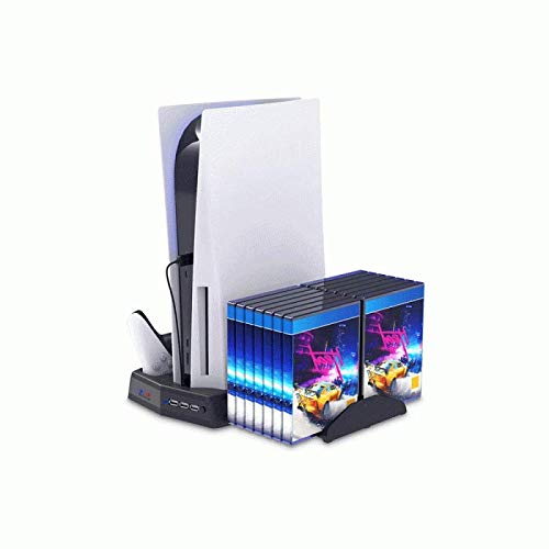 Scoutdoors Playstation 5 Charging Stand with Cooling Fan - Must Have PS5 Accessory, Charges 2 Controllers - Fan Cools Console - Game Storage, Works with Standard PS 5, Digital Edition or Ultra HD